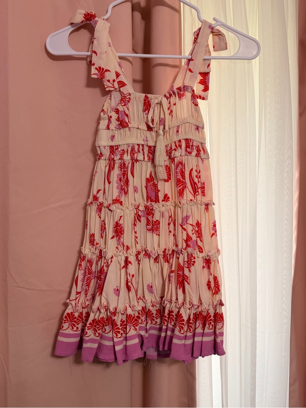 Girls Cream & Red Floral Tiered Sundress